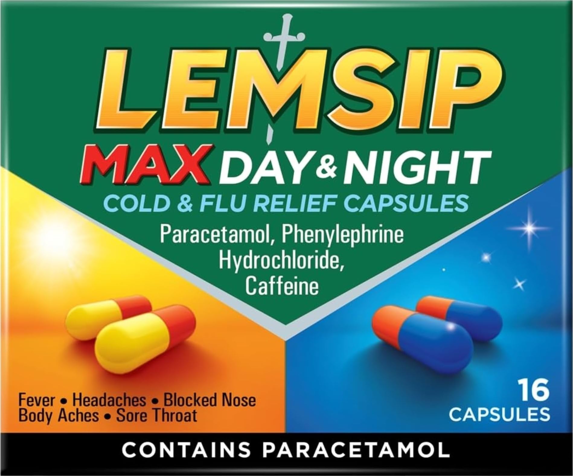 Lemsip Max Day & Night Capsules Paracetamol Cold and Flu 16s