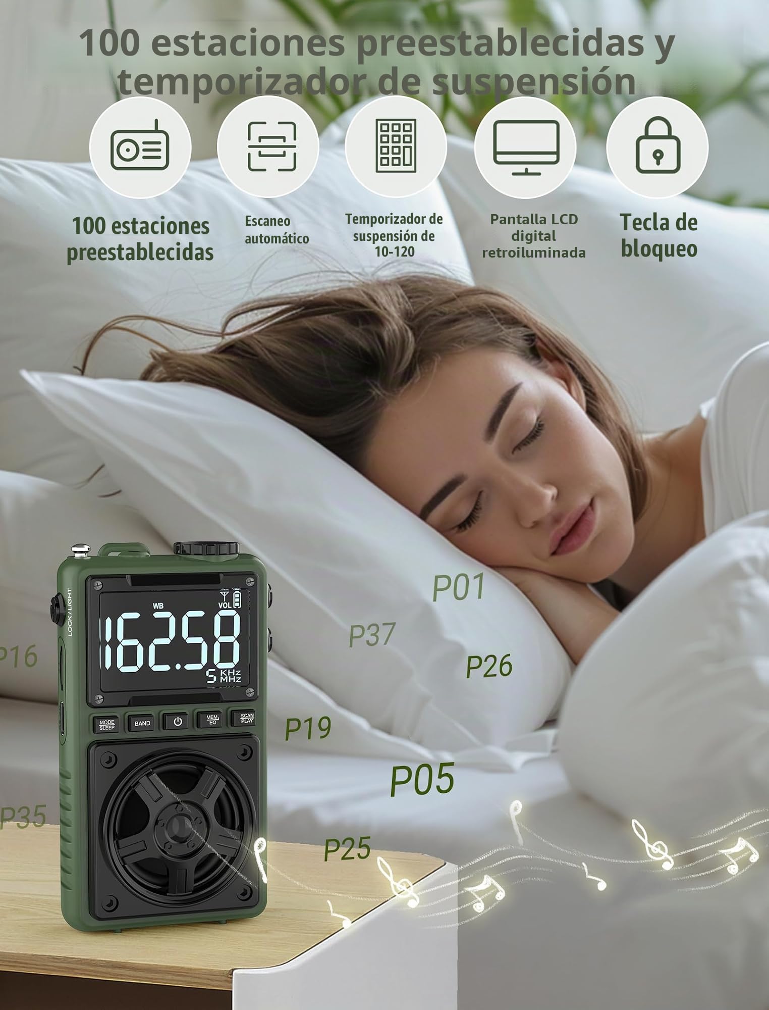 Radio Bluetooth AM FM NOAA portátil recargable 1250 mAh con recepción excelente, altavoz 5 W, sintonizador digital y auriculares