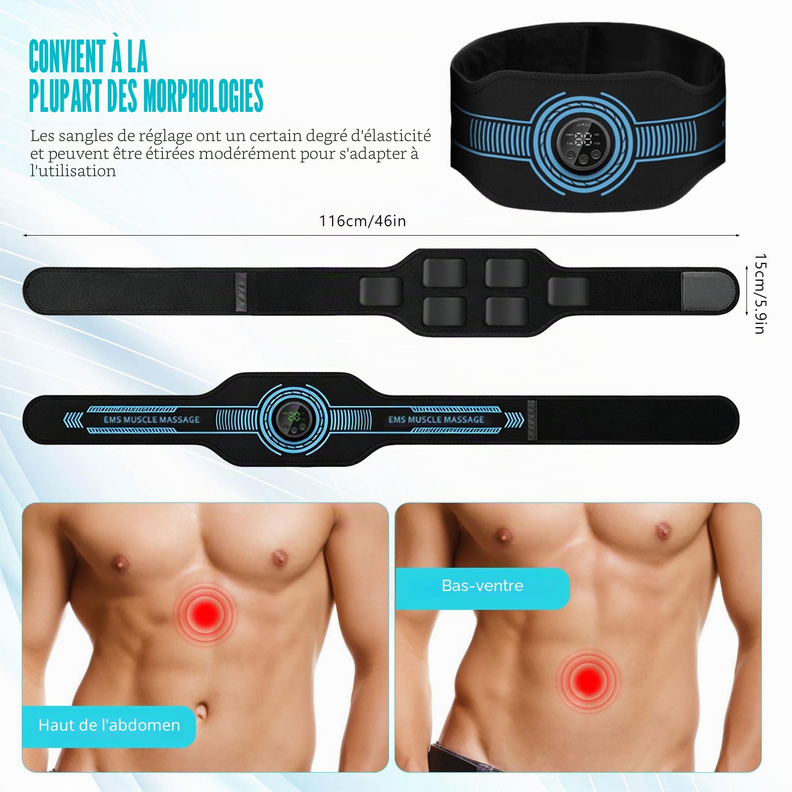 Ceinture Abdominale Electrostimulation, Ceinture Abdominale EMS, Doté de 10 Modes Et 39 Niveaux D'Intensité, Electrostimulateur Musculaire,USB Rechargeabl, Convient Aussi Bien Aux Hommes Qu'aux Femmes