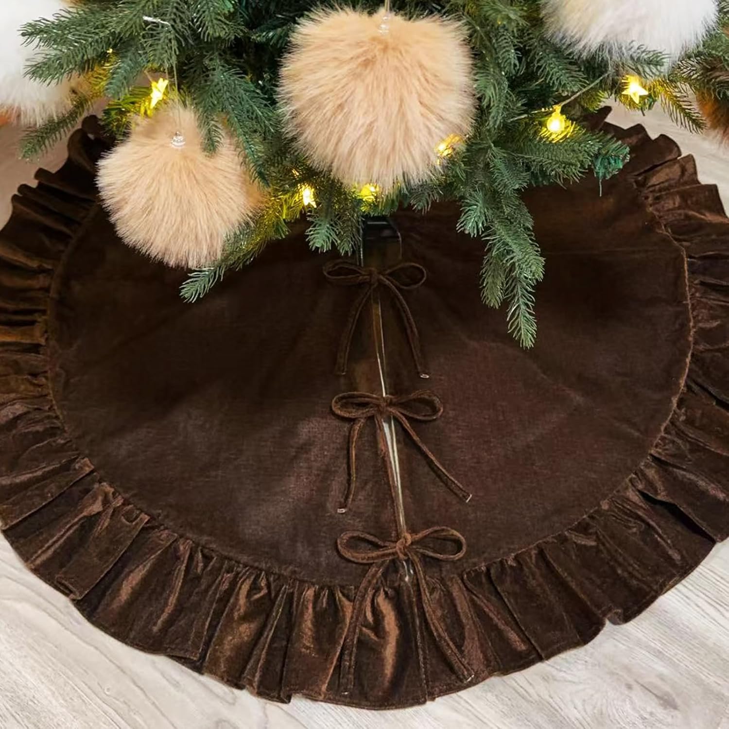 59 Inches Ruffled Velvet Christmas Tree Skirt Chocolate Brown with Bow, Large Luxury Neutral Color Xmas Tree Skirt Mat for Christmas & New Year Holiday Home Party Decorations - 150cm