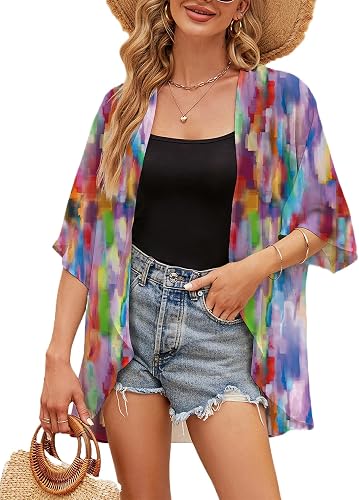 Chunoy Women's Summer Tie Dye Floral Print Puff Sleeve Kimono Cardigan Loose Cov
