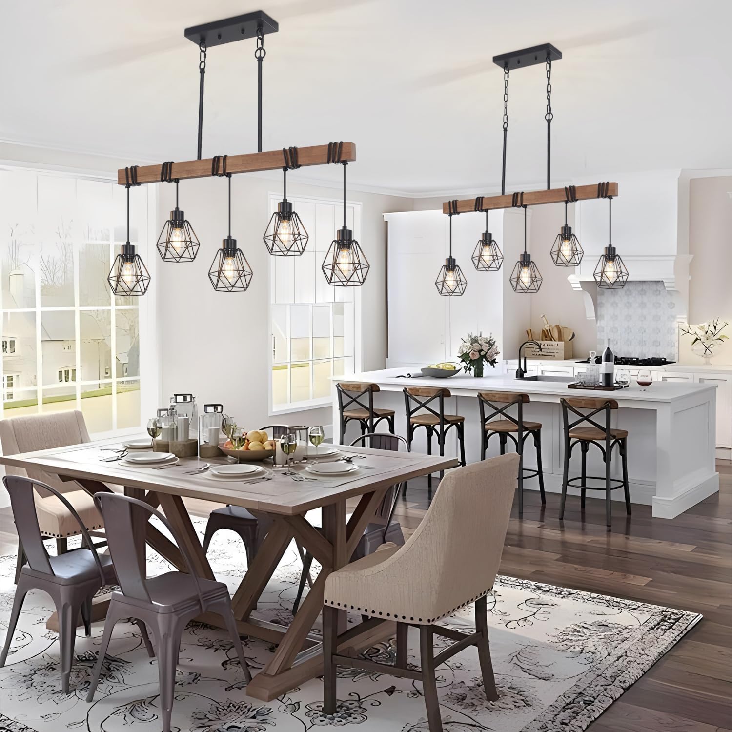 5-Light Kitchen Island Lighting, Farmhouse Linear Chandelier Dining Room Light Fixture Over Table, Wood Ceiling Pendant Light Fixtures with Metal lampshade