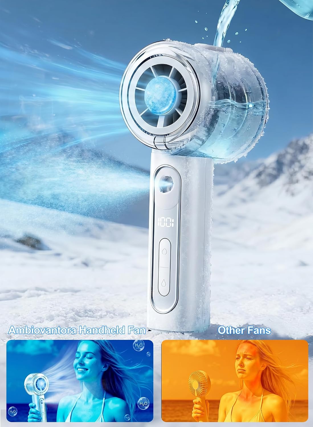 Portable Handheld Misting Fan with Ice Cooling Plate, Personal Mini Hand Held Mister Fan Water Spray, Desk Turbo Fans Rechargeable 17000RPM Blow Cold Air,Summer Gifts for Travel Beach Makeup Women Men image 4