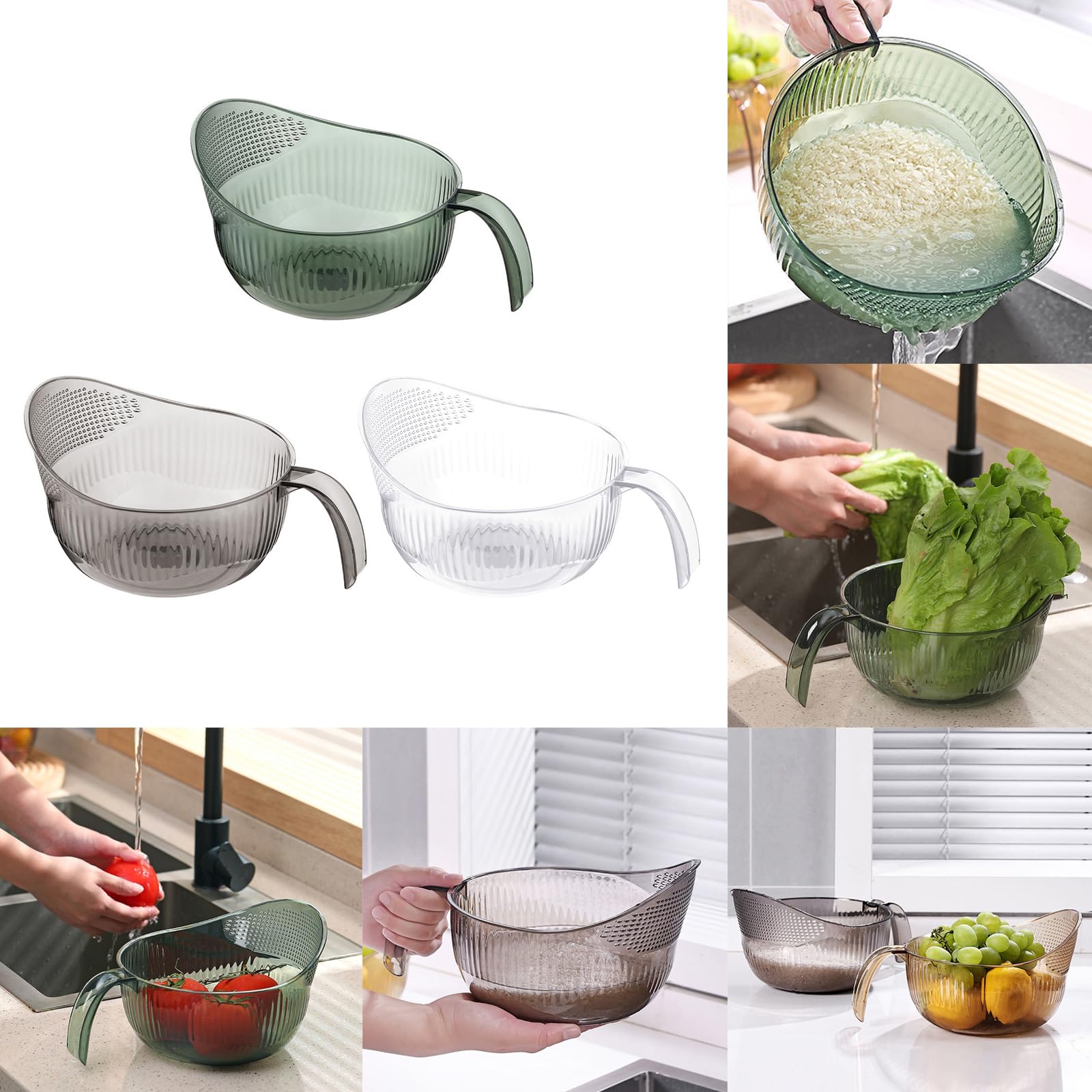 LEYILE Functional Rice Washing Colander Efficient Draining Bowl Practical Sink Basket PET Suitable For Washing Rice, Gray