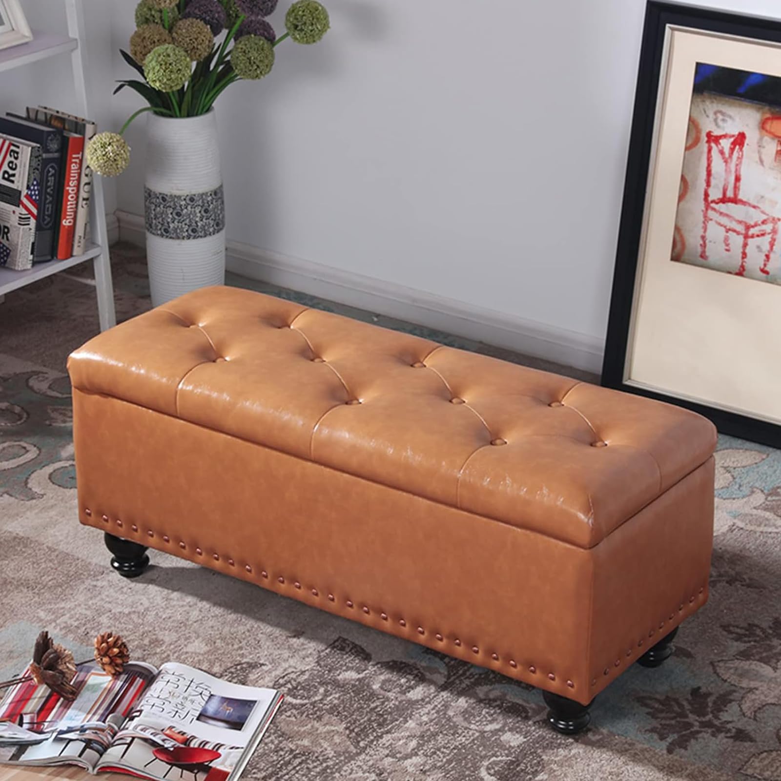 Puf Arcón Contenedor con Revestimiento De Piel Sintética, Reposapiés para Dormitorio, Banco, Taburete De Salón O Sofá con Estructura Y Patas De Madera,Marrón,150 * 40 * 45cm