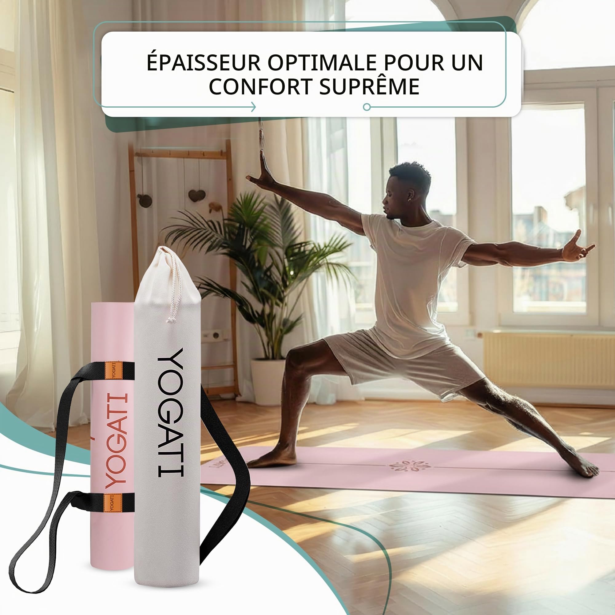 YOGATI® Tapis De Yoga Antidérapant en Caoutchouc Naturel | Tapis de Pilates portable avec une sangle de transport | Tapis de sport Fitness a la maison | Tapis Gym pour entrainement et exercise au sol