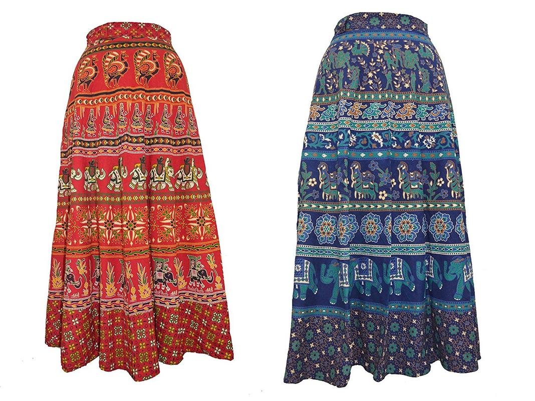 Outer WearPrinted Cotton Multi Color Wrap Around Long Skirts Combo of 2 (Assorted Colour Blue, Red, Free Size