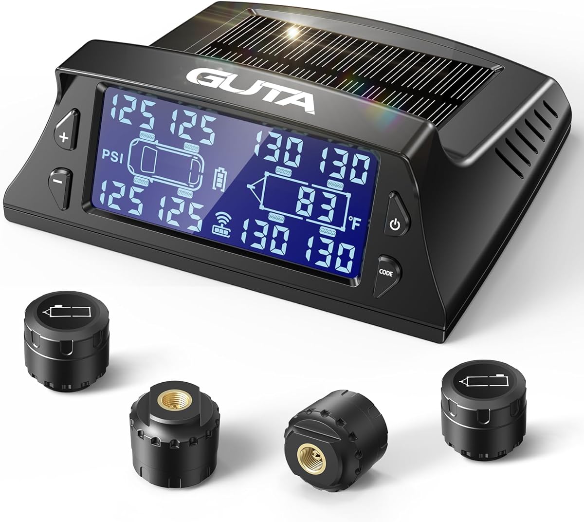 GUTA RV Tire Pressure Monitoring System, RV TPMS with 4 Sensors (0-188 PSI), Solar Charging, 6 Alarm Modes, Auto Sleep Mode, LCD Display, Tire Pressure Monitor System for RV/Trailer/SemiTruck