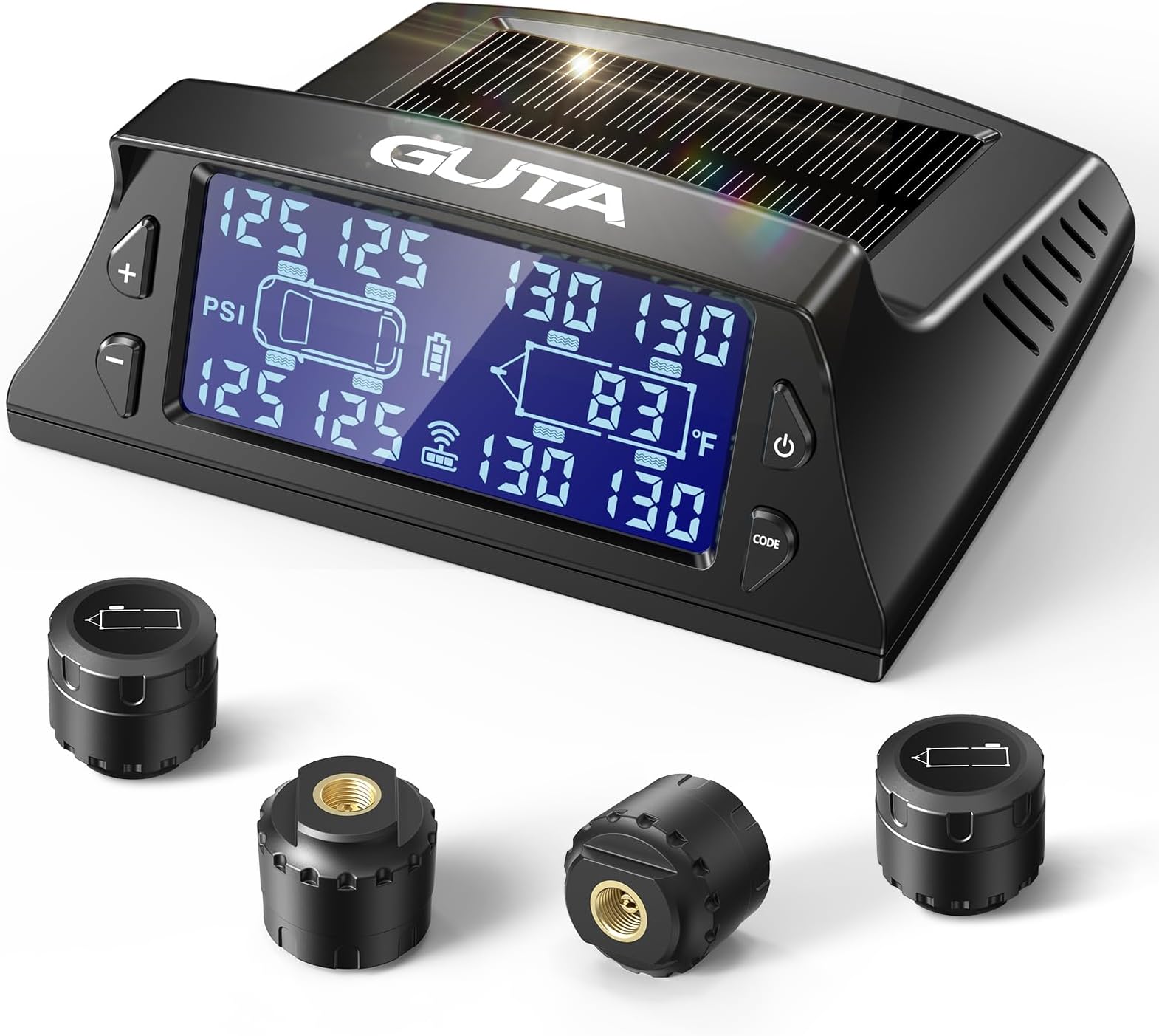 GUTA RV Tire Pressure Monitoring System, RV TPMS with 4 Sensors (0-188 PSI), Solar Charging, 6 Alarm Modes, Auto Sleep Mode, LCD Display, Tire Pressure Monitor System for RV/Trailer/SemiTruck