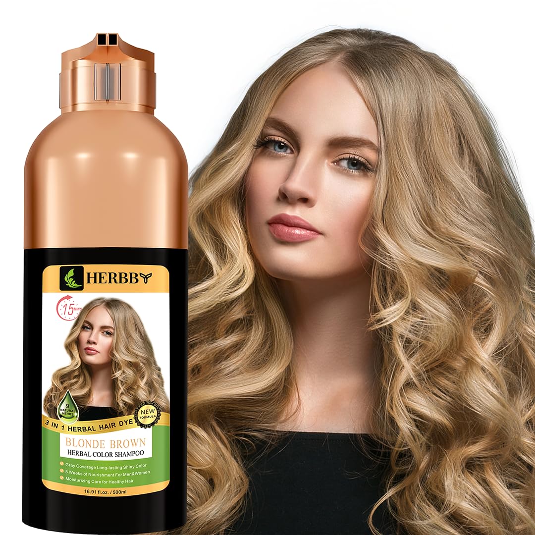 HERBBYHair Color Shampoo for Gray Hair Coverage&Color Transform with 9 Herbal Extracts –Long Lasting(6-8 Weeks),Shiny,Evenly Colored,Instant Hair Dye Shampoo&Conditioner, 500 Ml (BLONDE BROWN COLOR)