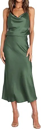 WICIWI Women's Satin Slip Dress 2023 Cowl Neck Spaghetti Straps Backless Sexy Wedding Club Cocktail Midi Bodycon Dresses