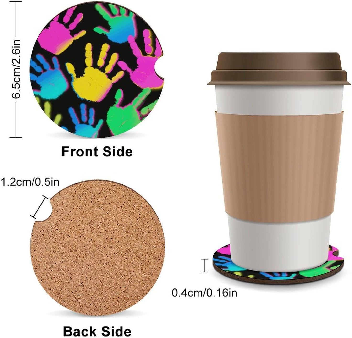 Car Cup Coaster Absorbent with Cork Base, Colorful Handprints image 2