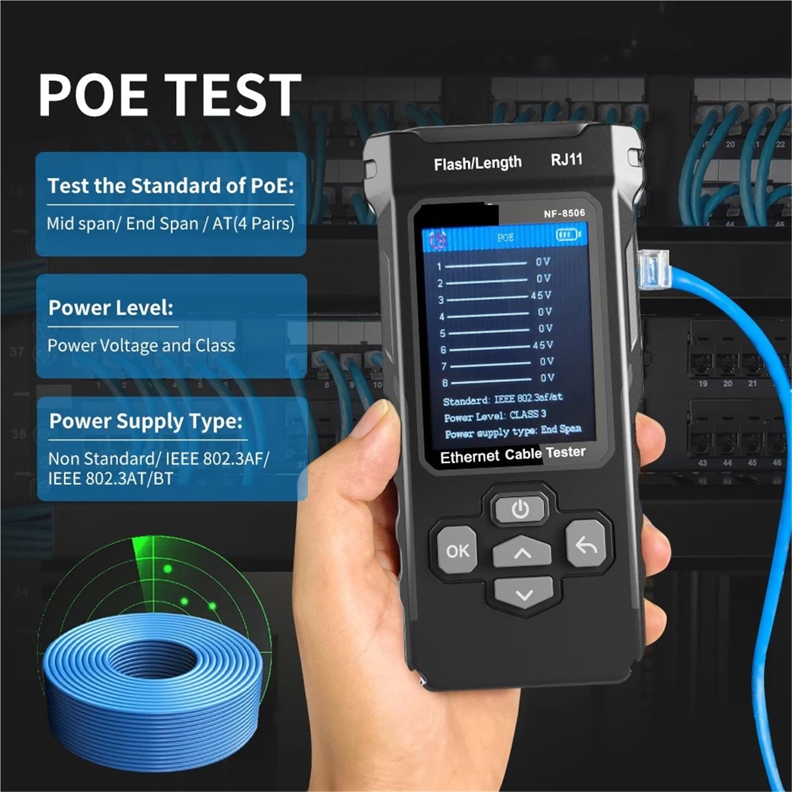 Localizzatore di Cavi, Tester for cavi di rete multifunzione, supporto for test PING/scansione IP/misura PoE, tester for mappatura