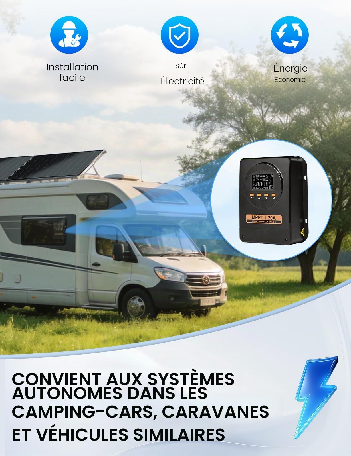 ECO-WORTHY Régulateur de charge MPPT 20 A, 12 V/24 V avec détection automatique, Bluetooth, application et écran, compatible avec les batteries plomb-acide, SLA, FLD, LFP, convient pour camping-car et