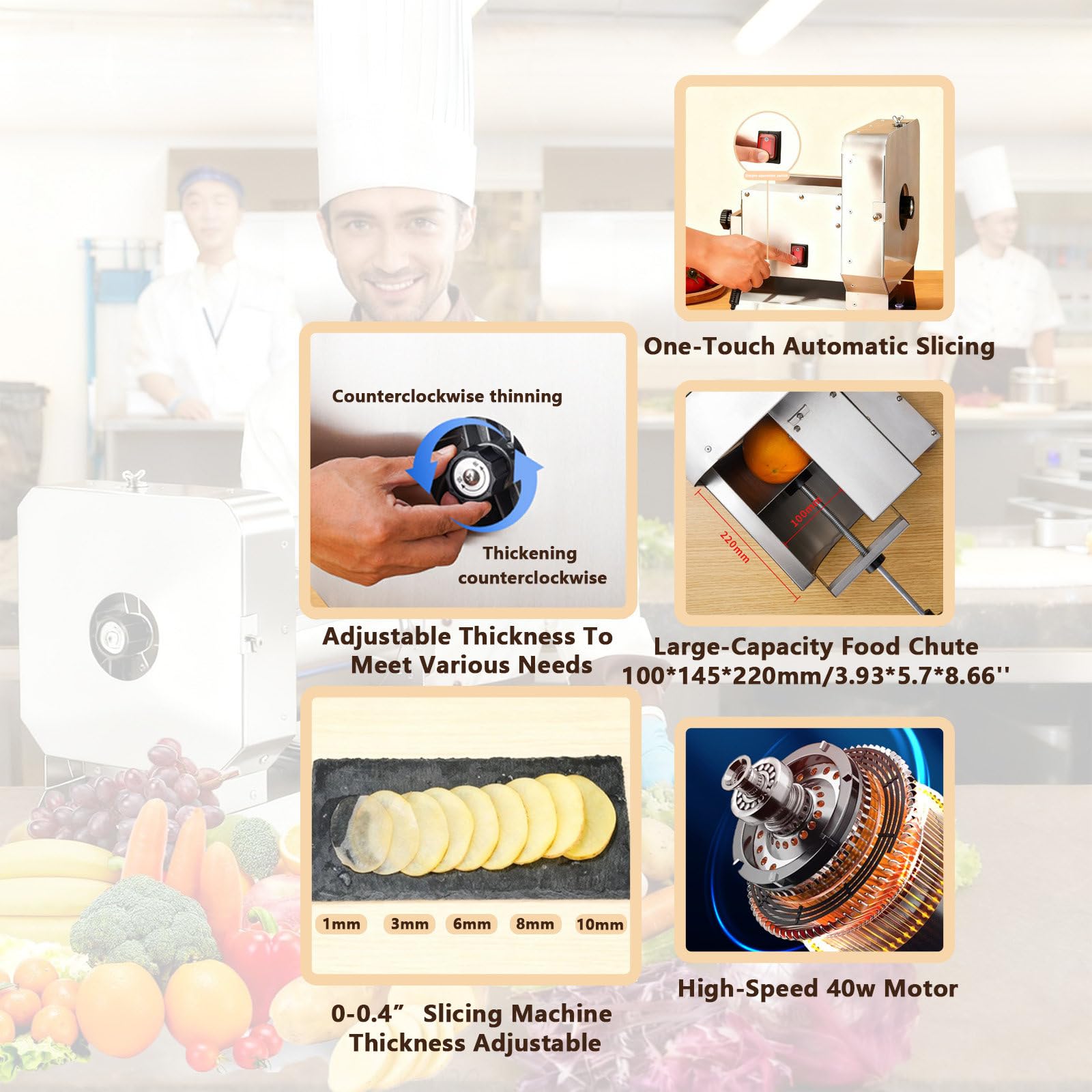 Cortadora Eléctrica De Frutas Y Verduras con Grosor Ajustable De 0 a 0,4 Pulgadas Cortadora Comercial De Acero Inoxidable 220 LB/H para Restaurantes Cafeterías Y Fruterías