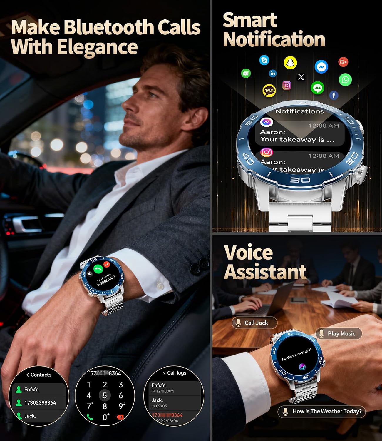 HIRREO TX7-C-US Smart Watch showing incoming call and message notifications
