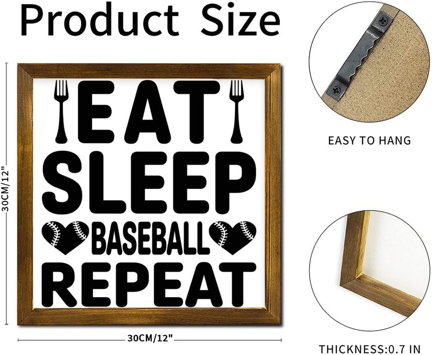 Eat Sleep Baseball Repeat Framed Wooden Sign Saying Quote Wood Panels Farmhouse Wall Art Home Decor for Bedroom Living Room Shelf Kitchen Home 12x12 Inch