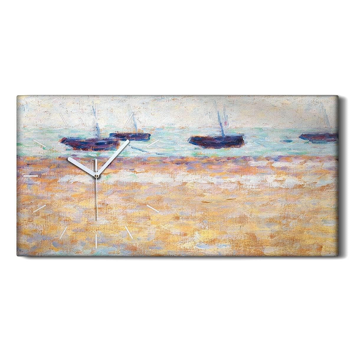 Horloge sur Toile 60x30cm Beach de navires décorative et silencieuse pour salon