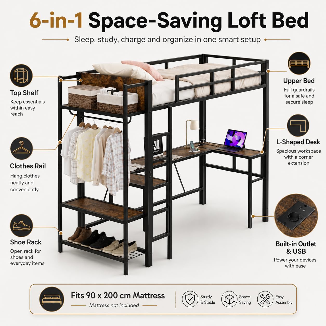 DORAFAIR Lit Mezzanine 90x200 cm avec Bureau et USB, Lit Gain de Place, Noir