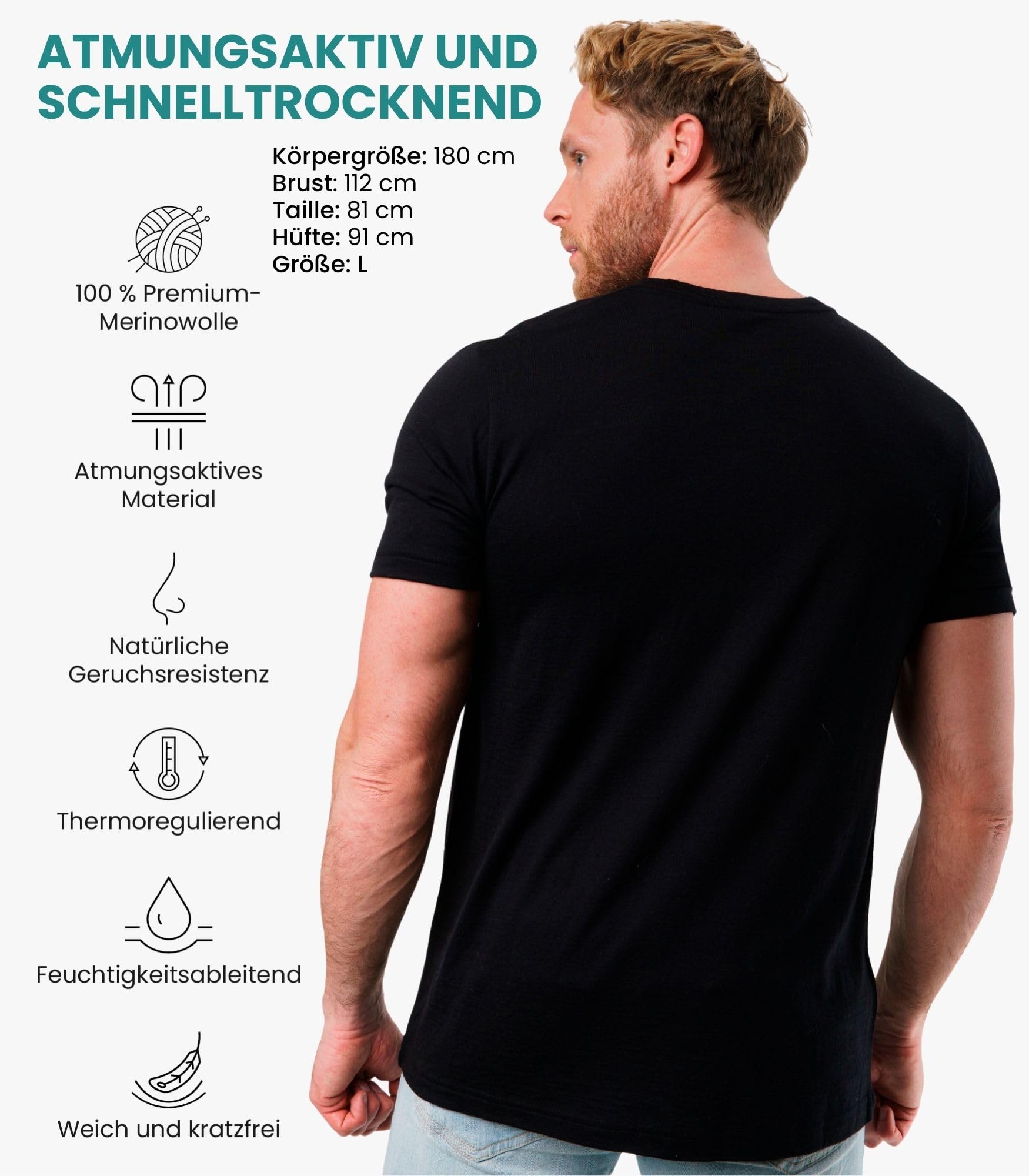 Premium Merino Shirt Herren Kurzarm - Atmungsaktiv Geruchshemmend Thermooberteile zum Wandern + Wanderwollsocken
