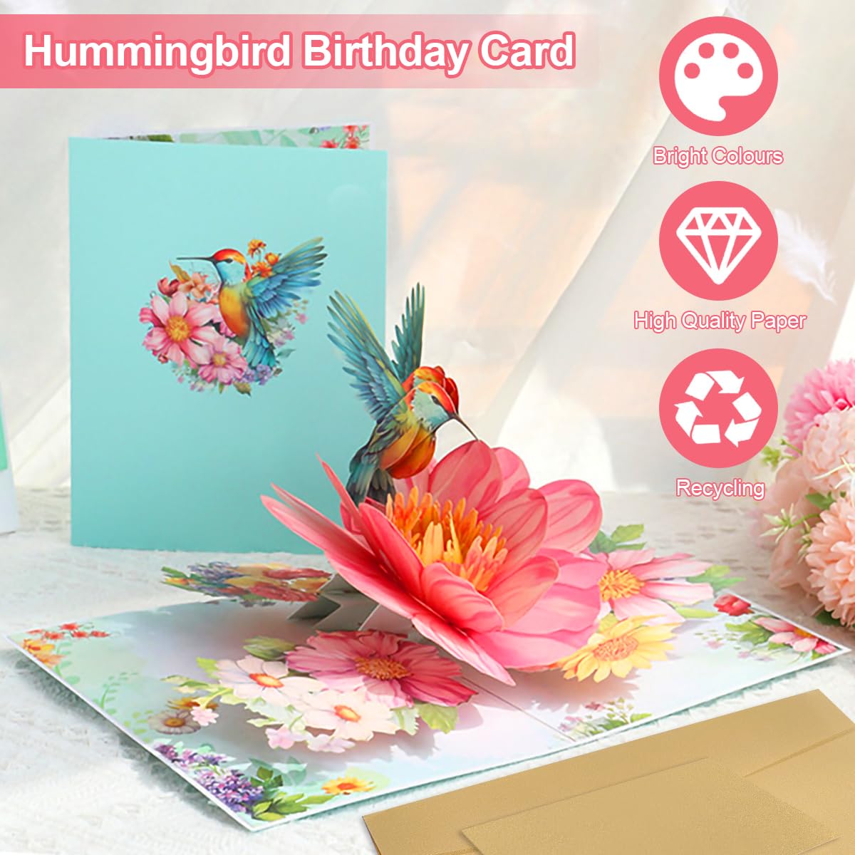 Biglietti di compleanno 3D con colibrì e fiori per mamma, fidanzata e ragazze