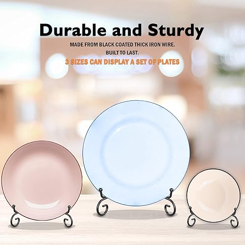 Miniatura 6 de BamLue Paquete de 6 soportes de exhibición de hierro de 3 tamaños, soporte de plato de caballete de hierro de alambre negro para mostrar imágenes,