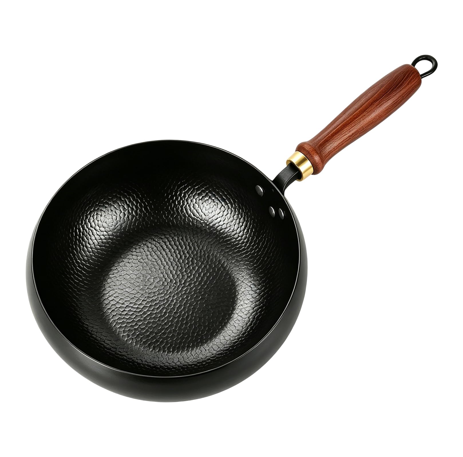 Wok en fer forgé à la main japonais avec motif marteau et manche en bois