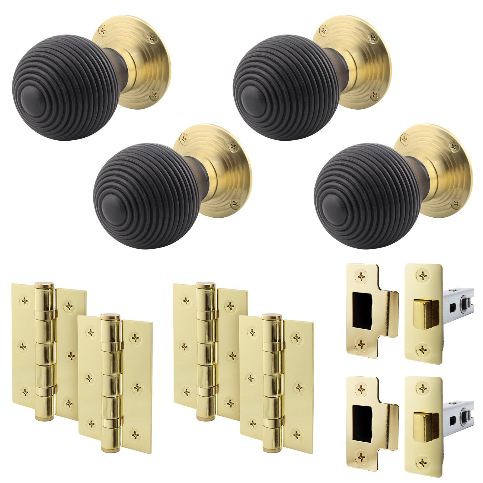 Eai Black Ebony Wood Door Knob Set | 2 Pairs Of Mortice Knobs (55Mm), Latches (76Mm) & Hinges (76Mm) For Internal Doors