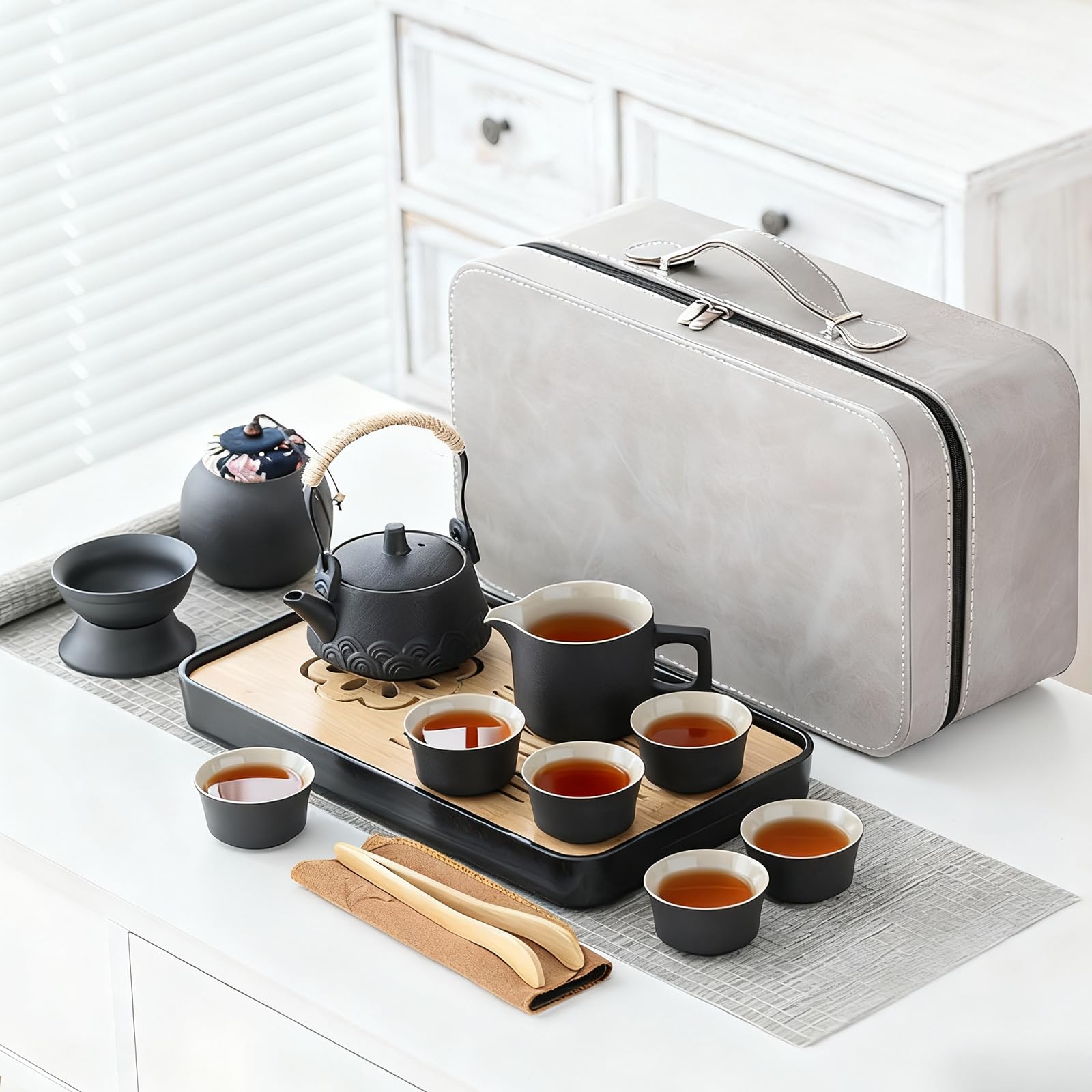 Japanisches Teeservice Chinesisches Teeset 14-tlg Teekanne mit 6 Tassen Keramik Teeservice für Zuhause Büro Reisen Geschenk Schwarz