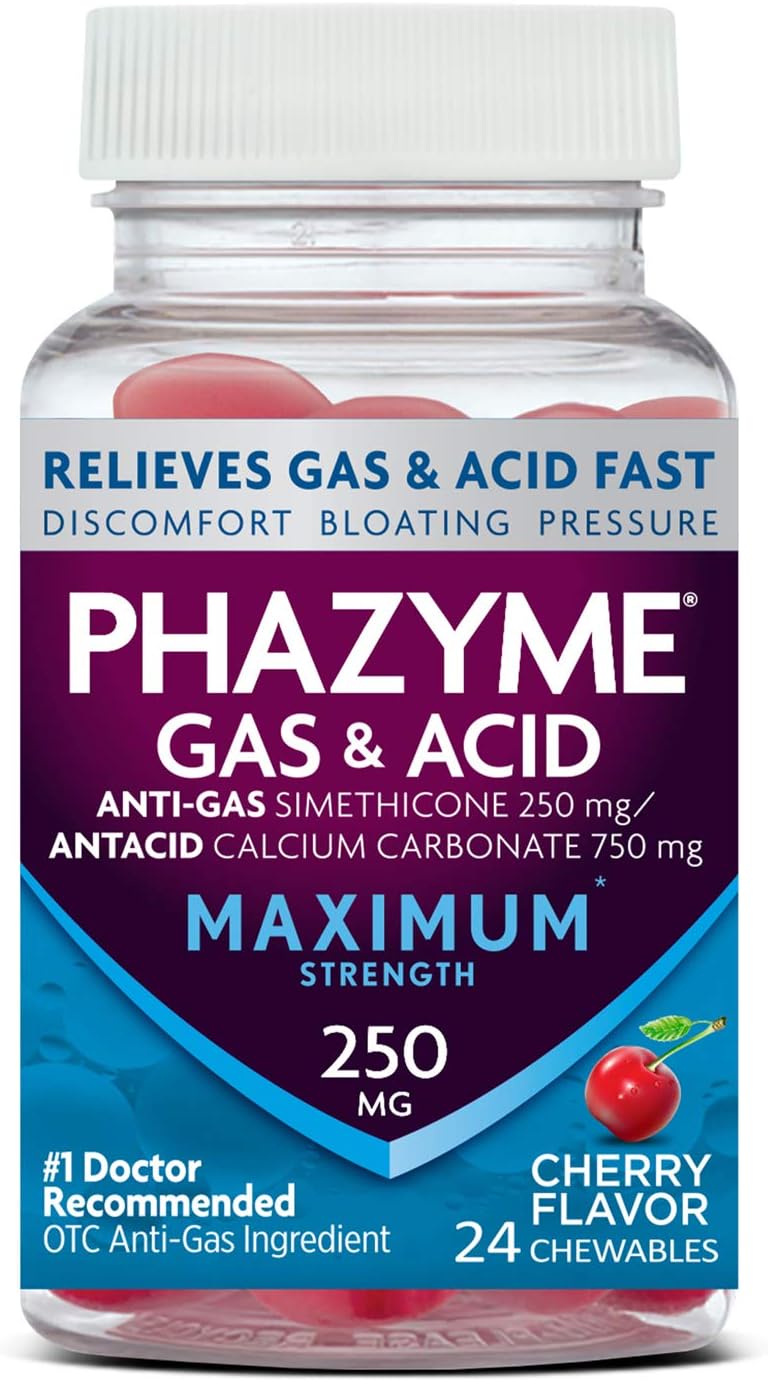 Phazyme Maximum Strength Gas & Acid Relief, Works Fast, Cherry Flavor, 24 Chews : Health & Household