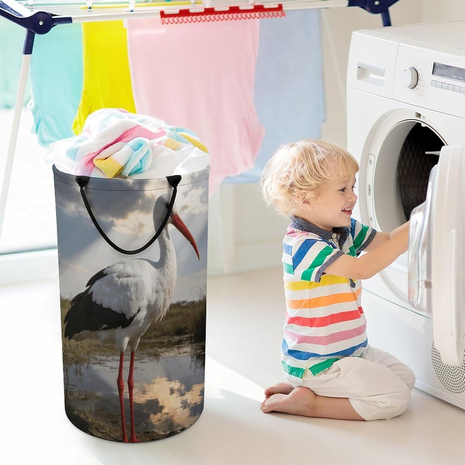 Stork Laundry Hamper with Handles Waterproof Collapsible Laundry Basket Large Lightweight Round Dirty Clothes Hamper for Home Dorm Bathroom Decor