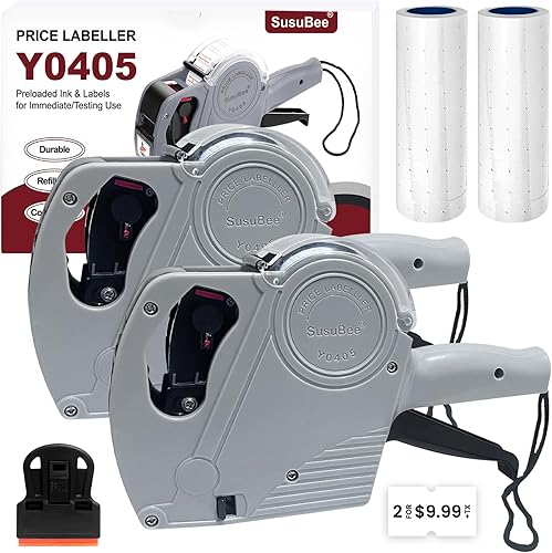 Paquete de 2 pistolas de precios, pistola de precios de 1 línea con 10,000 etiquetas blancas de mano, código de fecha, precios de etiquetas,