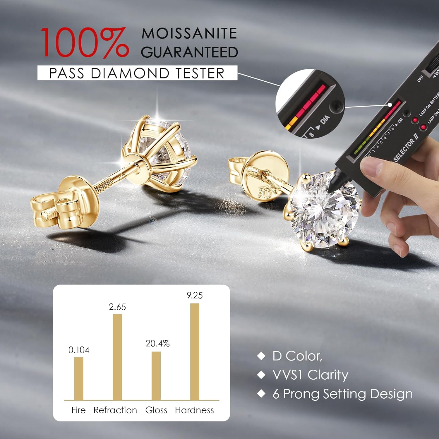 10K or 14K Solid Gold Studs Moissanite Earrings for Men | 1-2 Carat Round Lab Created Moissanite Simulated Diamond Real Gold Stud Earrings Screw Backs for Women