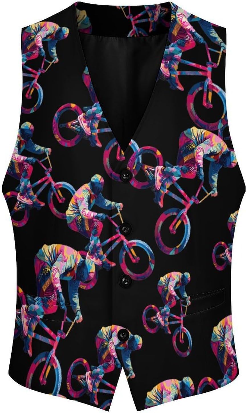 BMX Mountain Bike Art Men's Formal Suit Vest Slim Waistcoat for Business Tuxedo Dress