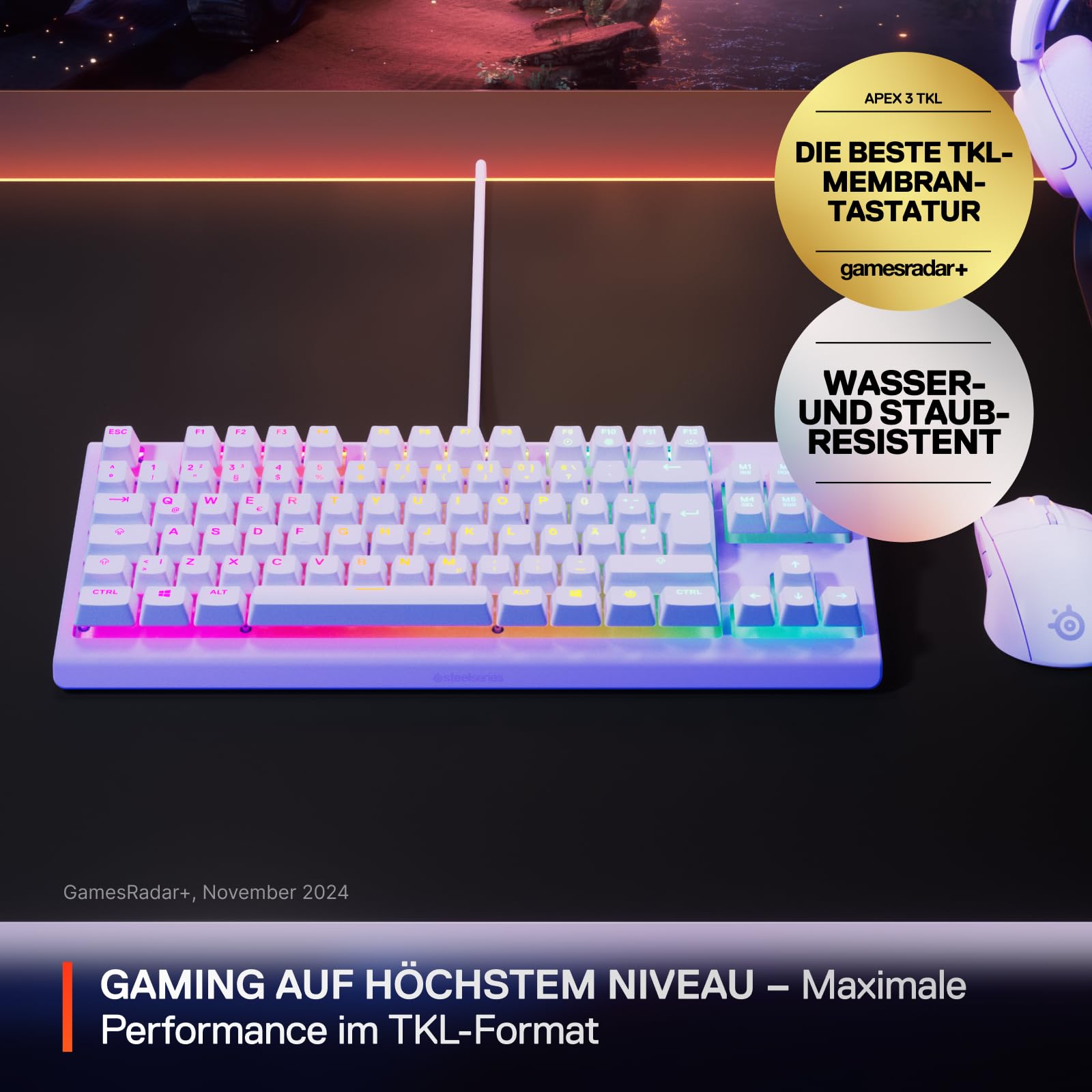 SteelSeries Apex 3 TKL Lavendel RGB Gaming-Tastatur – Kompakter Tenkeyless-Formfaktor – 8-Zonen-RGB-Beleuchtung – Wasser- und Staubresistenz – Flüsterleise Gaming-Switches - UK Layout QWERTY – Bild 2