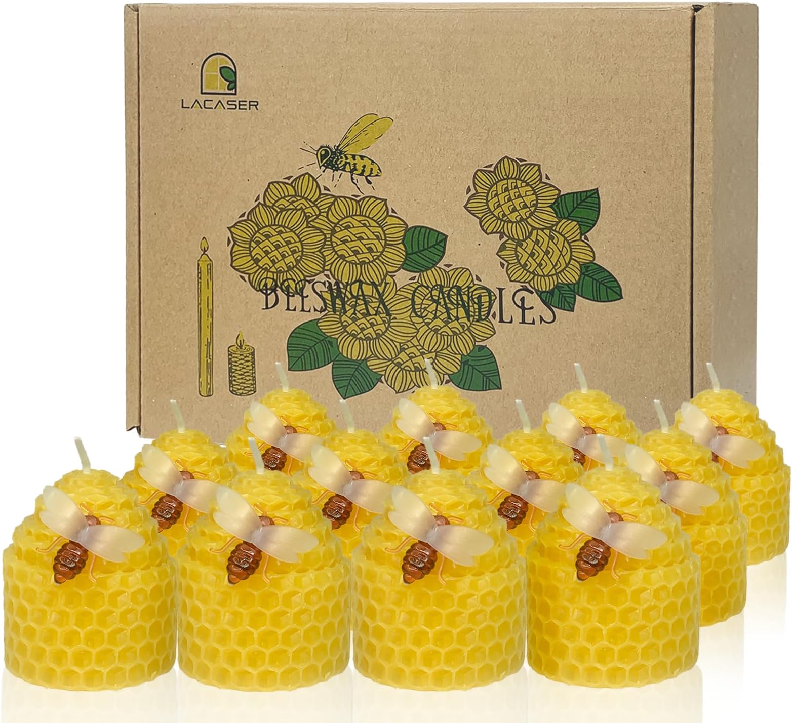 Lacaser Beeswax Candles Bulk Set of 12, Bee Candles with Little Bee Ornament Decors, Bee Themed Gift,Unscented&Smokeless &Dripless, Dia 1.77" x1.97" Each, Yellow