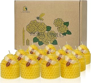 Lacaser Beeswax Candles Bulk Set of 12, Bee Candles with Little Bee Ornament Decors, Bee Themed Gift,Unscented&Smokeless &Dripless, Dia 1.77" x1.97" Each, Yellow