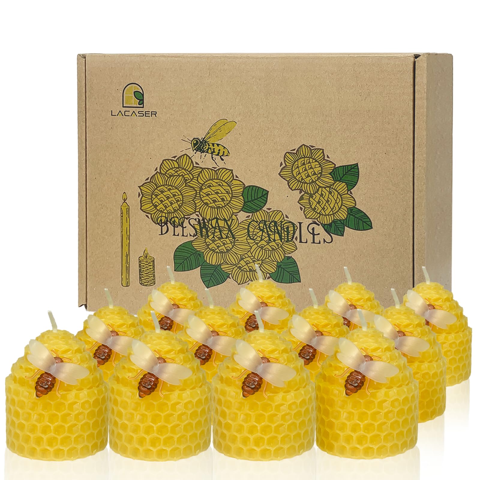 Lacaser Beeswax Candles Bulk Set of 12, Bee Candles with Little Bee Ornament Decors, Bee Themed Gift,Unscented&Smokeless &Dripless, Dia 1.77" x1.97" Each, Yellow