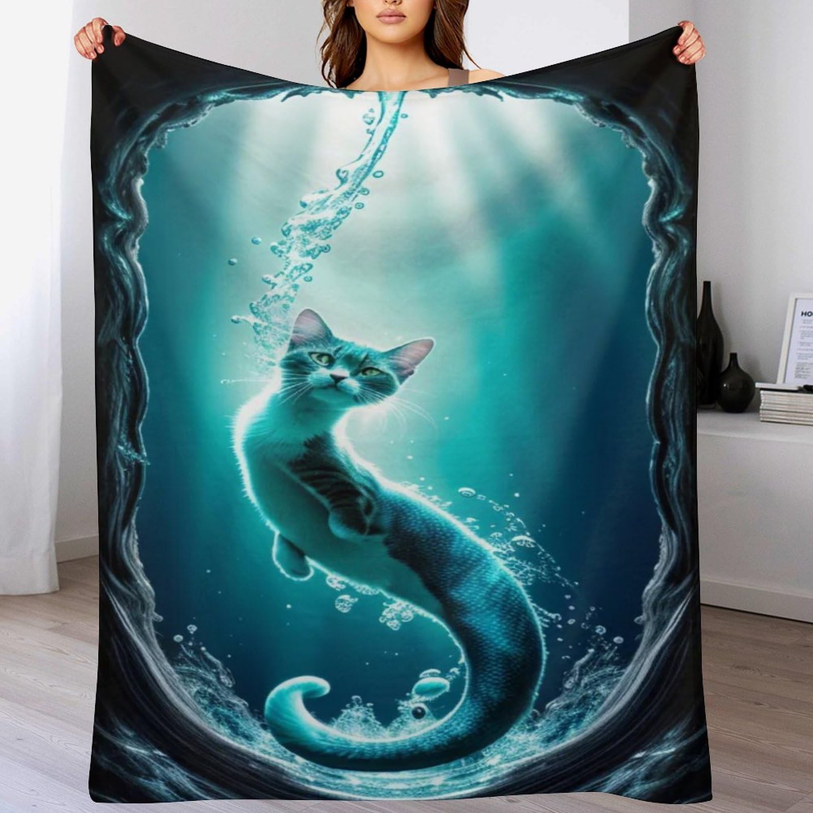 Couverture polaire chat 150x200cm en flannel de polyester doux pour jeté de canapé