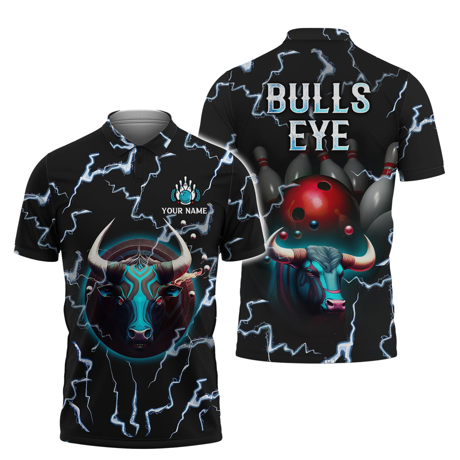 3D Customized Bullseye Bull Bowling Polo Thunder Lightning Bowling Novelty Shirt Gift for Bowler Men Women