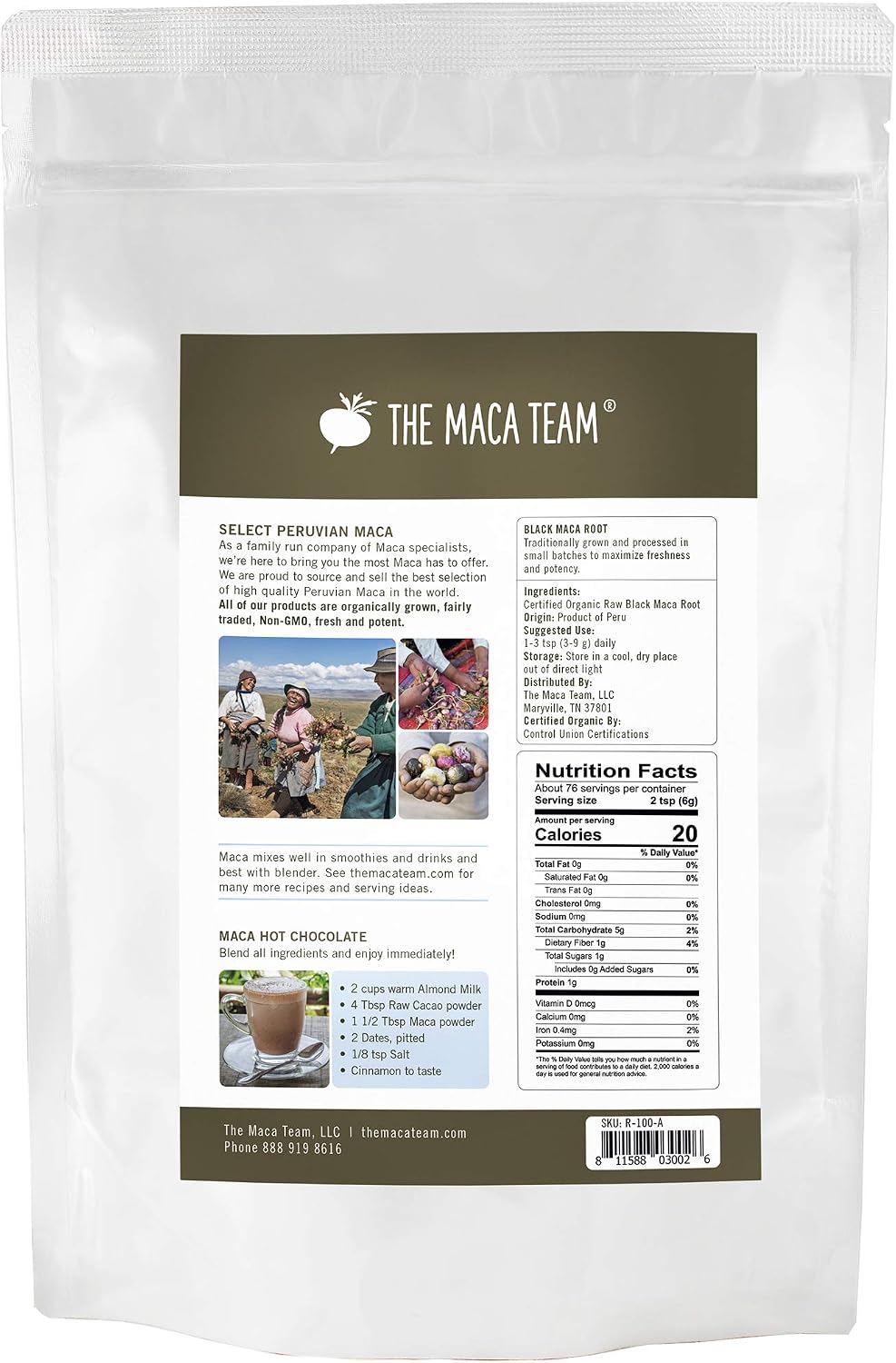 The Maca Team Raw Black Maca Powder, Raw and Vegan Maca Powder Fresh from Peru,1 Pound, 50 Servings