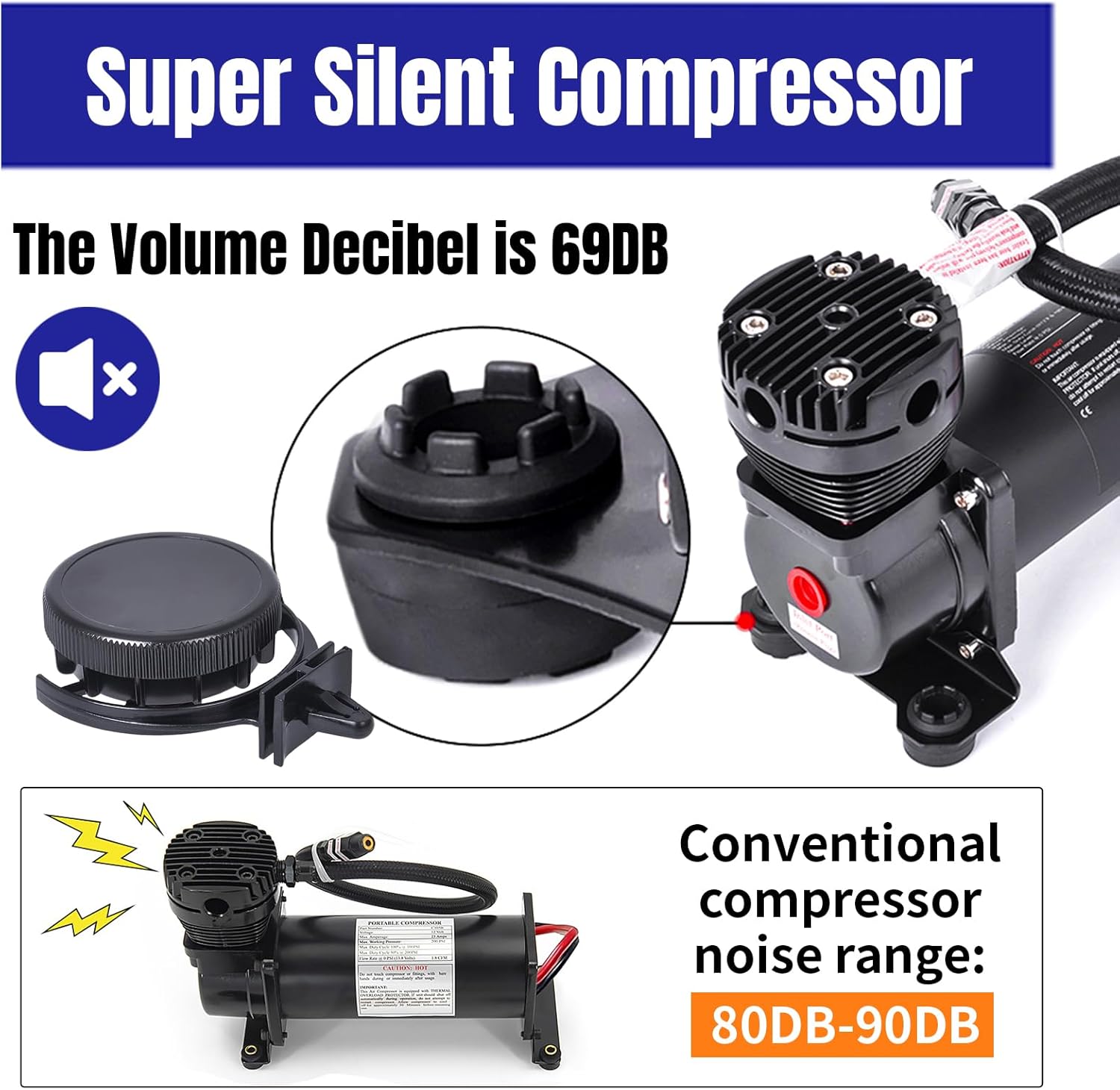 Ultra Quiet Air Compressor, 1/4 NPT Super Silent 69DB 12V 300PSI Air Ride Suspension Compressor/Air Train Horn for Train/Truck/Car Black