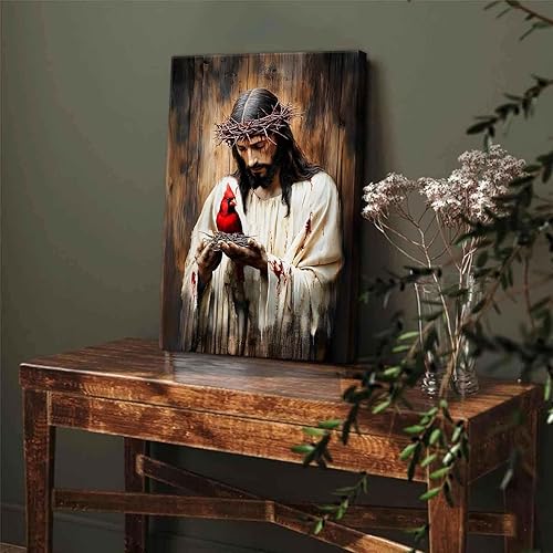 Miniatura 6 de Lienzo decorativo de Jesús y cardenal Jesús salva a los cardenalis, cuadro de decoración de pintura cristiana de Dios, espinas, pájaros rojos,