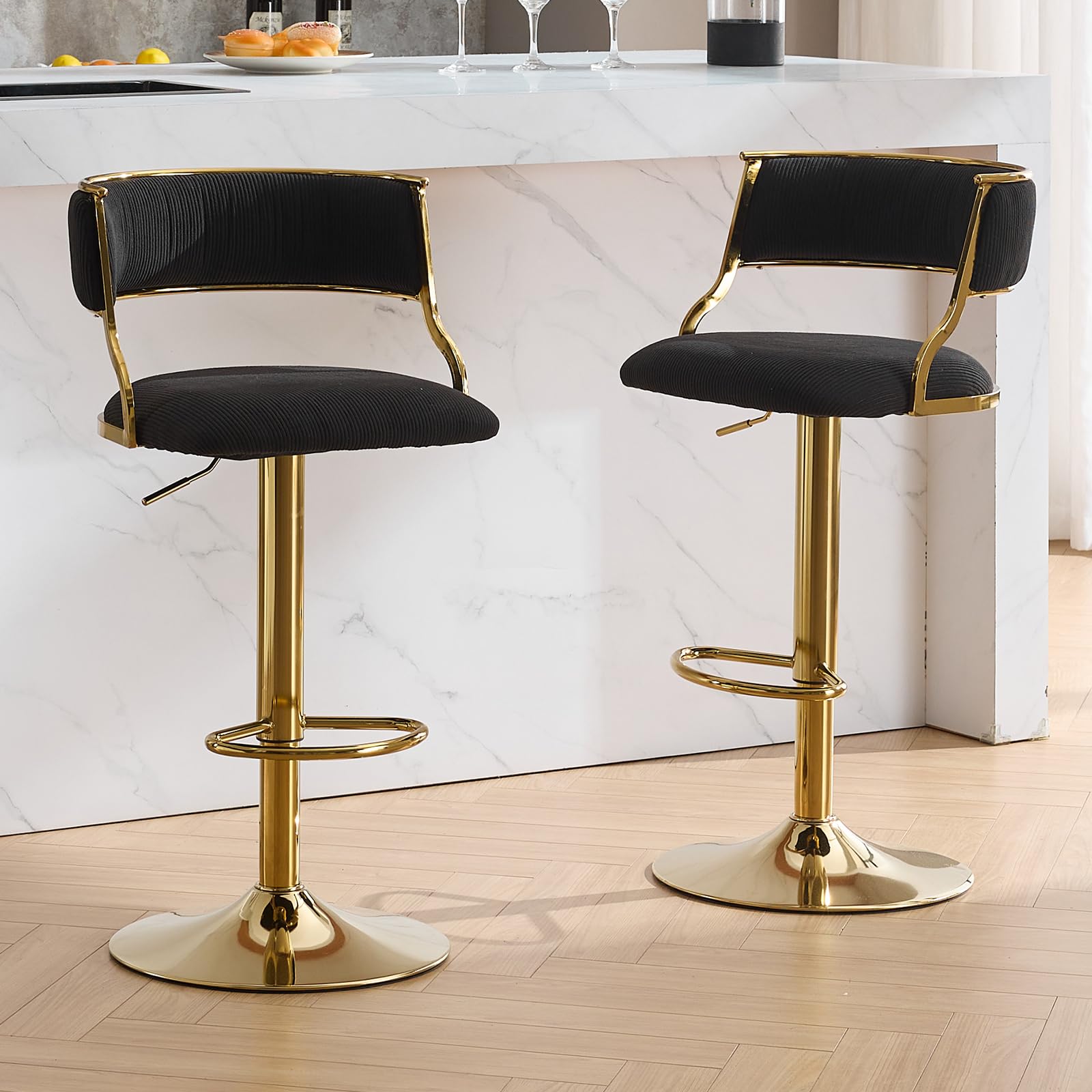 Set of 2 High Stool with Height-Adjustable Support, Bar Stool with L-Shaped Back and Comfortable Cushion, Chair for Living Room/Bar/Restaurant, Black