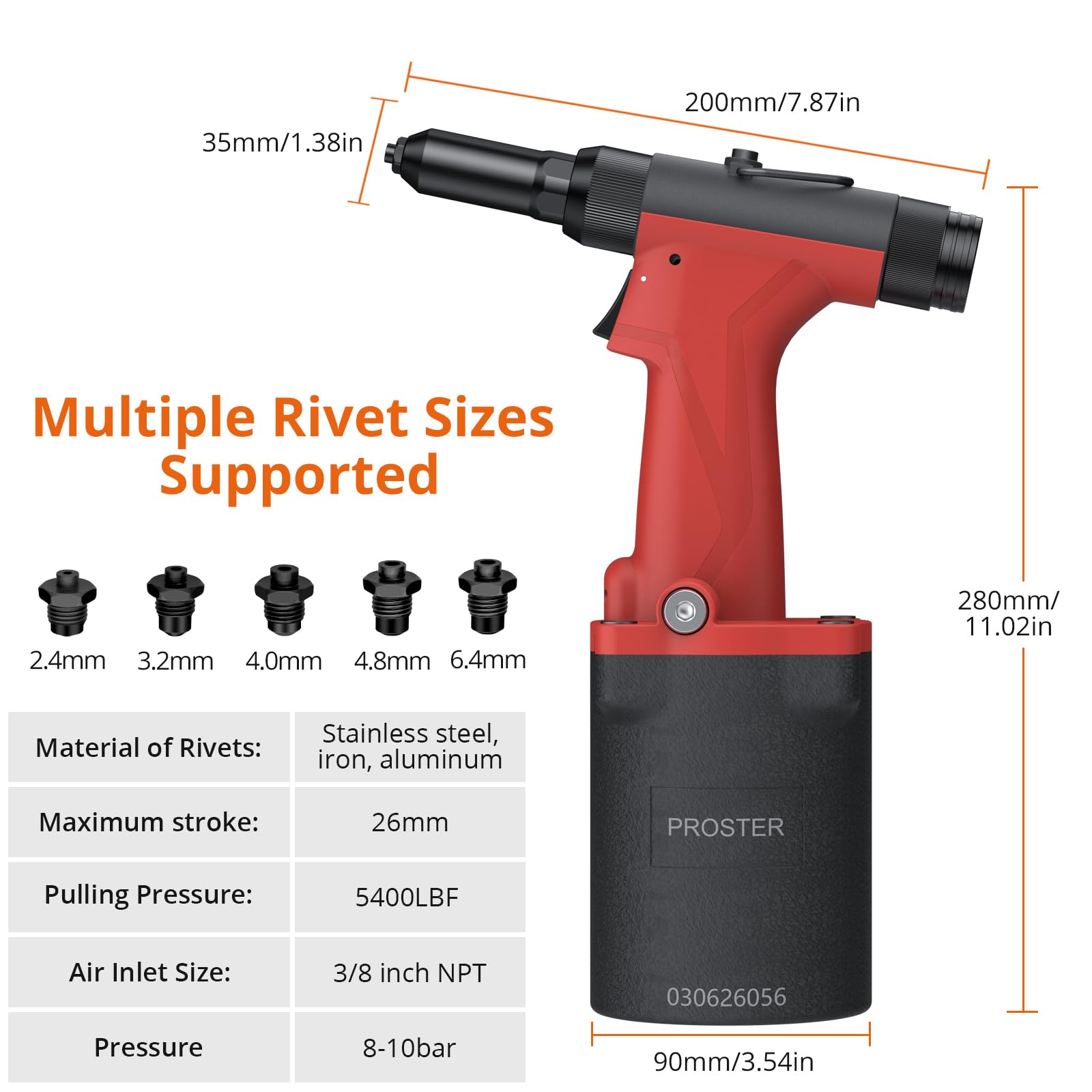 Proster Remachadora Neumatica 2450KGF Pistola Remachadora de Aire con 360°Conector de Aire Giratorio y 5 Tamaños de Boquilla 2,4-6,4mm para Mecánicos, Marinos y Automoción