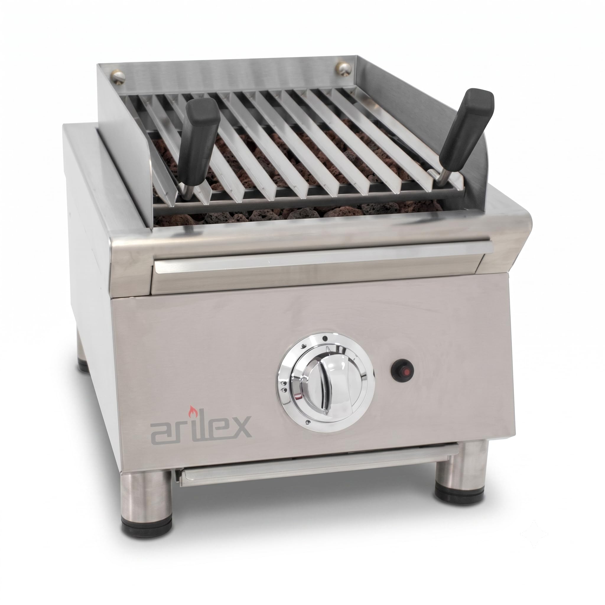 Parrilla Vasca a Gas Profesional 40 cm con Piedra Volcánica, 2 Quemadores, Parrilla de Acero Inoxidable Regulable en 3 Alturas, 5,5 kW, 40VASN