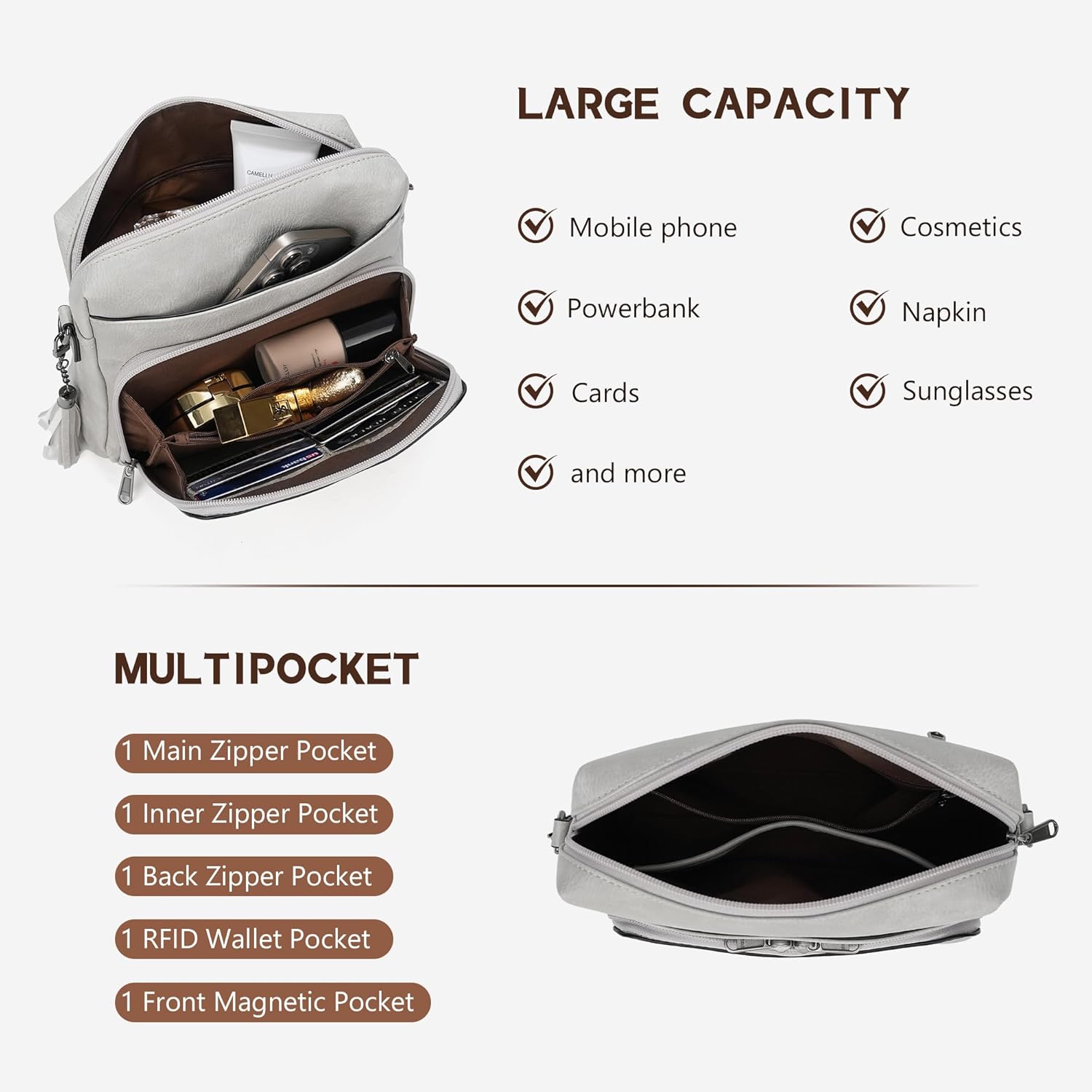 GEMIU Crossbody Purses for Women, Vegan Leather Medium Crossbody Bag, Crossbody Travel Purse with Card Slots - Grey