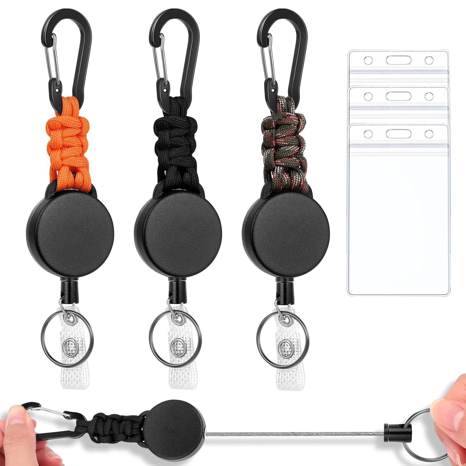 Yolistar 3 Stücke Schlüsselanhänger Ausziehbar,mit 61cm Ausziehbar Stahlseil,mit ID Card Holder,Gürtelclip für Kartenhalter,Schlüsselkette mit Karabiner