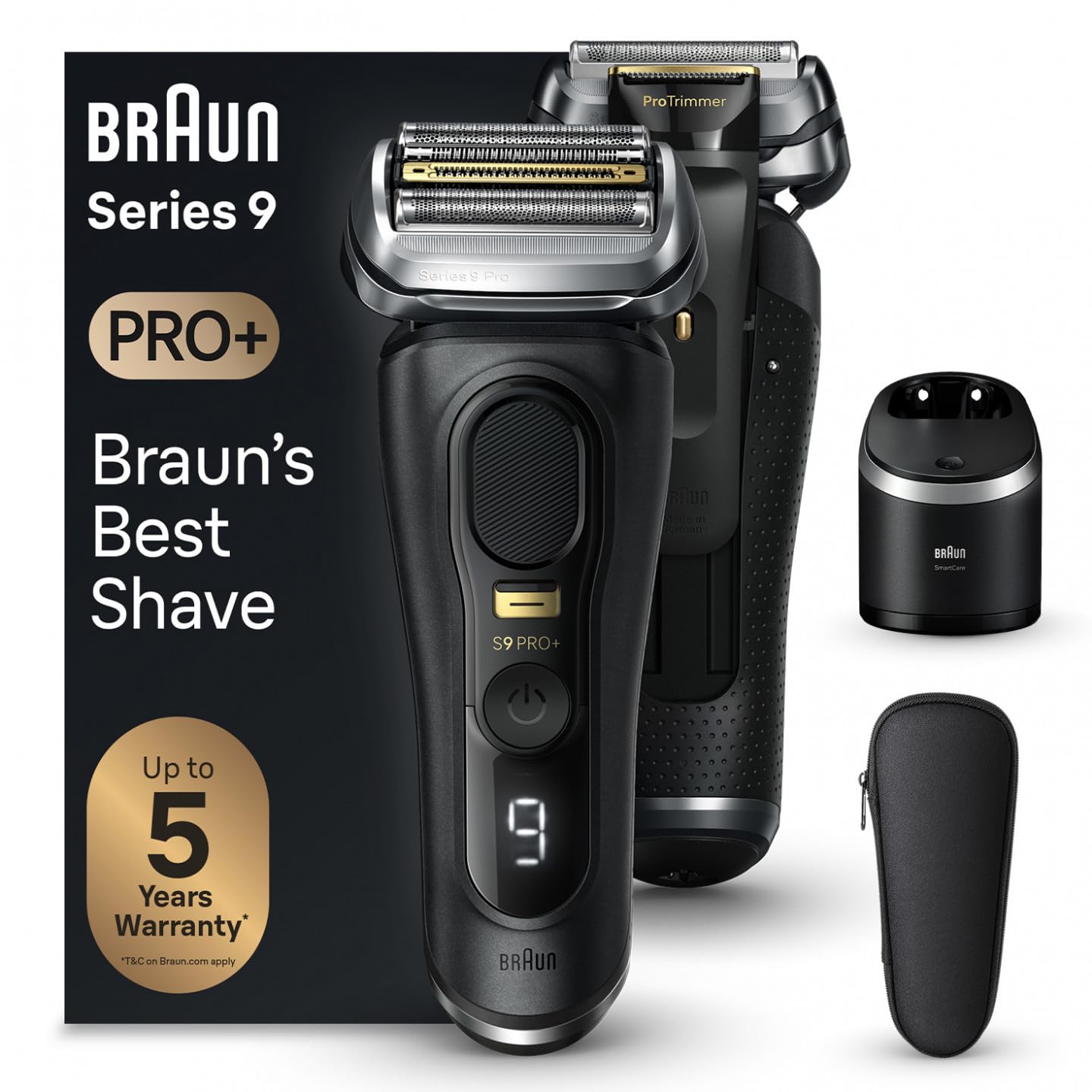 Braun Series 9 Pro+ - Afeitadora eléctrica para hombre, con 5 elementos de afeitar, cortapelos largos ProTrimmer y estación de limpieza, 60 min de autonomía, regalo hombre, fabricado en Alemania, 9560