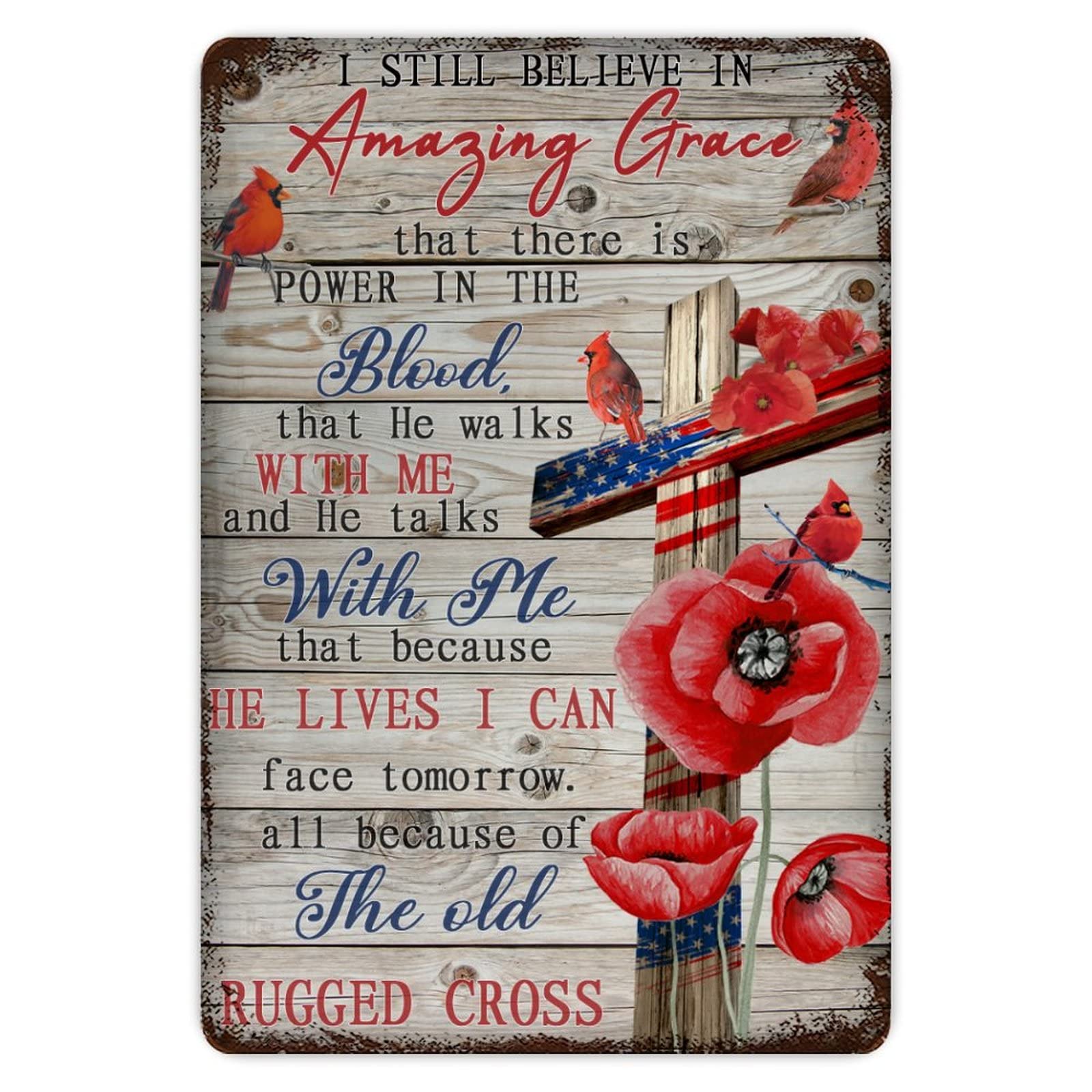 ENEDNATE I Still Believe In Amazing Grace Cardinals Cross Christian Aluminum Sign 8x12 inch Vintage Metal Tin Sign Home Decor for Club Bar Garden Kitchen Restaurant